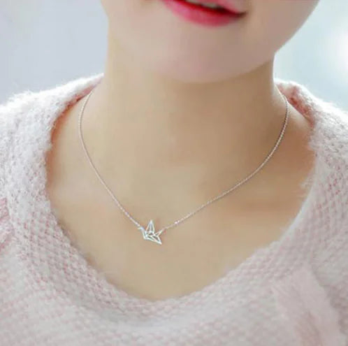 Silver Pendant Necklace with Origami Crane Design